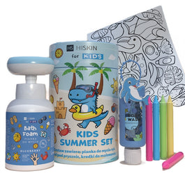 HiSkin Kids Summer Blue zestaw płyn do kąpieli 75ml + pianka do mycia 300ml + kredki 5szt + kolorowanka