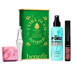 Benefit Extra Glam Infused zestaw tusz do rzęs 8.5g + spray utrwalający makijaż 30ml + żel do brwi 7ml + różowo-truskawkowy róż do policzków 2.5g