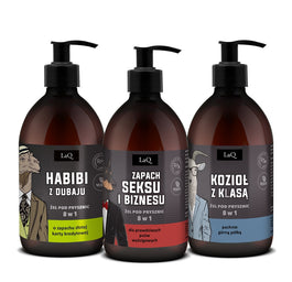 LaQ Czyściopak Męski zestaw żel pod prysznic Habibi z Dubaju 500ml + żel pod prysznic Doberman 500ml + żel pod prysznic Kozioł z Klasą 500ml
