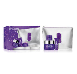 Clinique Outsmart Lines + Wrinkles zestaw przeciwstarzeniowy krem do twarzy i na szyję 50ml + przeciwstarzeniowe serum 10ml + przeciwstarzeniowy krem pod oczy 5ml + kosmetyczka