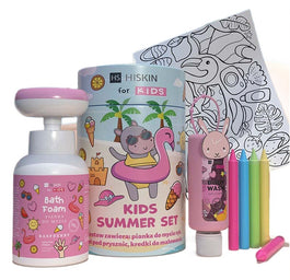 HiSkin Kids Summer Pink zestaw płyn do kąpieli 75ml + pianka do mycia 300ml + kredki 5szt + kolorowanka