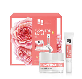 AA Flowers&Oils 65+ Efekt Liftingu zestaw krem przeciwzmarszczkowy na dzień i na noc 50ml + krem przeciwzmarszczkowy na okolice oczu i ust 15ml