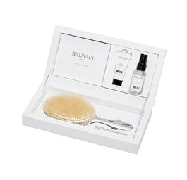 Balmain Silver Spa Brush zestaw srebrna szczotka do włosów + Argan Moisturizing Elixir 20ml + Leave-in Conditioning Spray 50ml