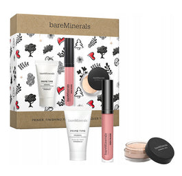 bareMinerals Primer Finishing Powder & Lip Lacquer Trio zestaw baza pod podkład 15ml + błyszczyk do ust 3.7ml + mineralny puder utrwalający 0.75g