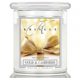 Kringle Candle Średnia świeca zapachowa z dwoma knotami Gold & Cashmere 411g