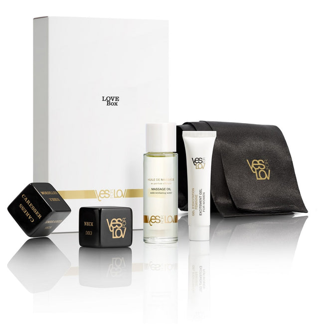 Yes For Lov Love Box zestaw olejek do masażu 30ml + kości do gry erotycznej + żel stymulujący dla kobiet 10g + szarfa satynowa