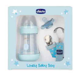 Chicco Lovely Baby Boy zestaw butelka antykolkowa Perfect 5 150ml + smoczek Physioforma Mini Soft + tasiemka do smoczka