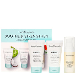 bareMinerals Soothe & Strengthen Mini Clean Skincare Trio zestaw żel do mycia twarzy 30ml + lekki krem nawilżający 30g + ziołowe serum do twarzy 15ml