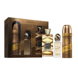 Lattafa Oud Mood Elixir zestaw woda perfumowana spray 100ml + mgiełka do włosów 50ml + dezodorant spray 200ml