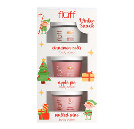 Fluff Winter Snack zestaw masło do ciała Grzane Wino 100ml + peeling do ciala Szarlotka 100ml + peeling do ciała Bułeczki Cynamonowe 100ml