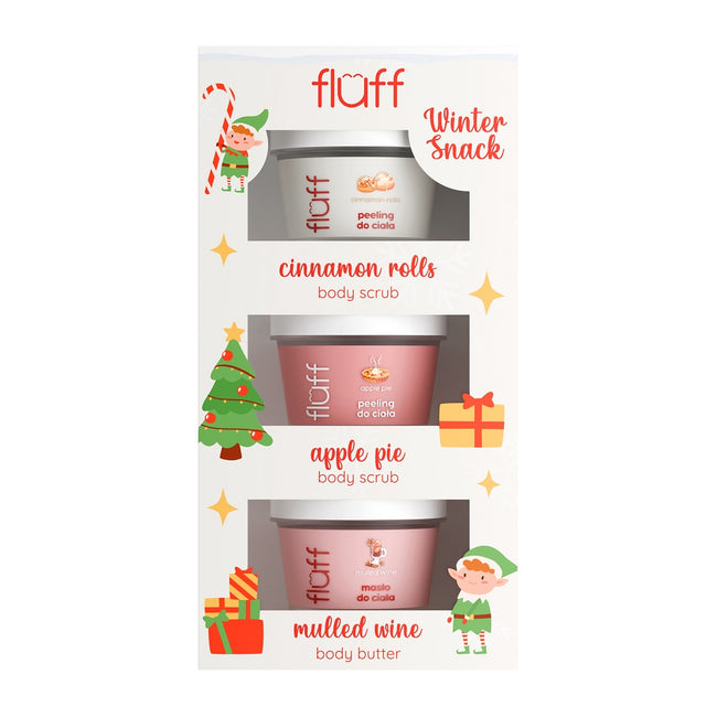 Fluff Winter Snack zestaw masło do ciała Grzane Wino 100ml + peeling do ciala Szarlotka 100ml + peeling do ciała Bułeczki Cynamonowe 100ml