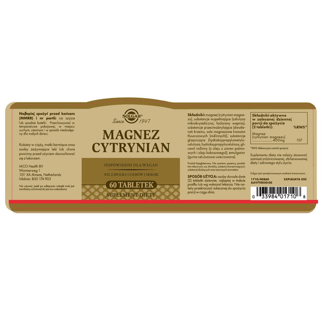 Solgar Magnez Cytrynian suplement diety 60 tabletek