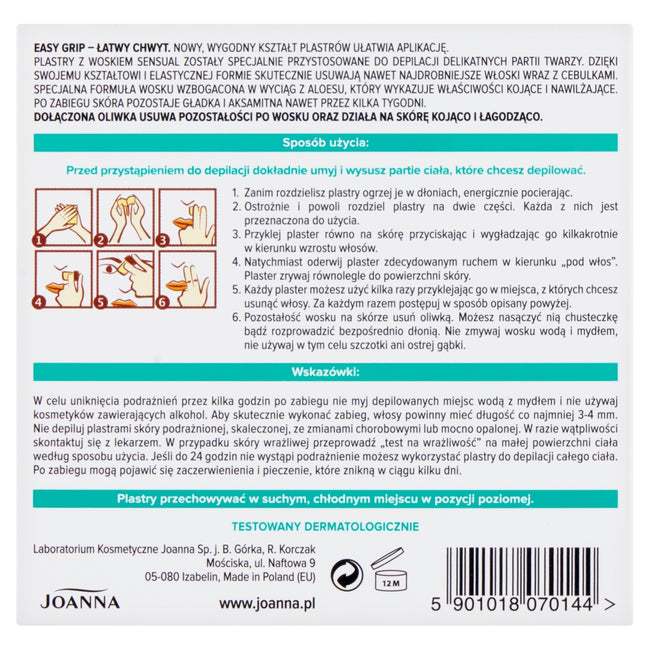 Joanna Sensual plastry do depilacji twarzy Aloes 12szt + tubka z oliwką łagodzącą 10ml