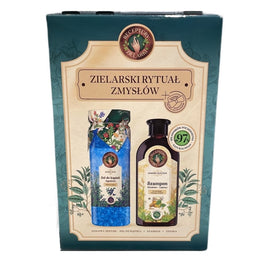Receptury Zielarki Zielarski Rytuał Zmysłów zestaw szampon Miodowo-Lipowy do każdego rodzaju włosów 350ml + sól do kąpieli Jagoda 700g + opaska do włosów z kokardą 1szt