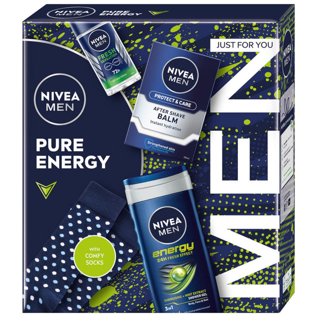 Nivea Men Pure Energy zestaw antyperspirant roll-on 50ml + żel pod prysznic 3w1 250ml + nawilżający balsam po goleniu 100ml + skarpetki