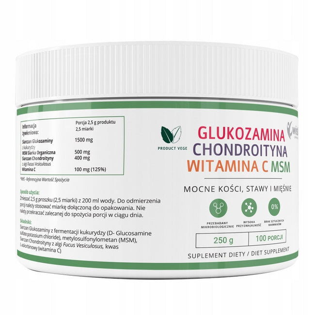 WISH Pharmaceutical Glukozamina Wegańska + Chondroityna + Witamina C + MSM suplement diety w proszku 250g