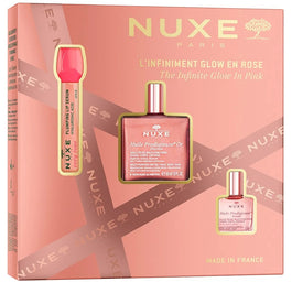 Nuxe The Infinite Glow In Pink zestaw suchy olejek z drobinkami 50ml + nawilżające serum powiększające usta 8ml + suchy olejek 10ml