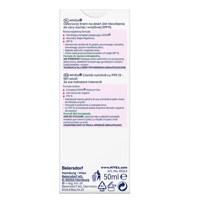 Nivea 24H Nawilżenia odżywczy krem na dzień cera sucha i wrażliwa SPF15 50ml