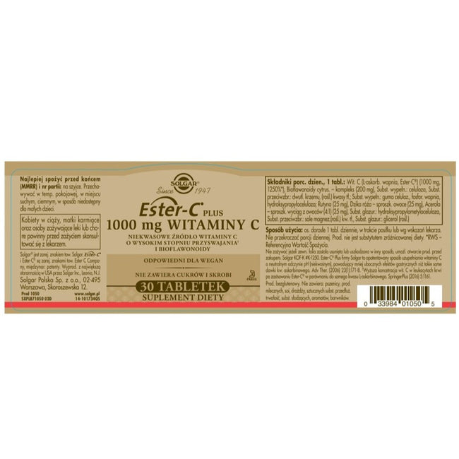 Solgar Ester C-Plus 100mg Witaminy C suplement diety 30 kapsułek