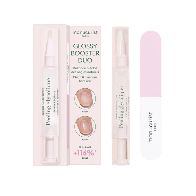 Manucurist Glossy Booster Duo zestaw peeling z kwasem glikolowym + dwufazowa polerka