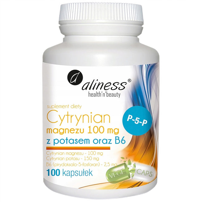 Aliness Cytrynian Magnezu 100mg z potasem oraz B6 suplement diety 100 kapsułek