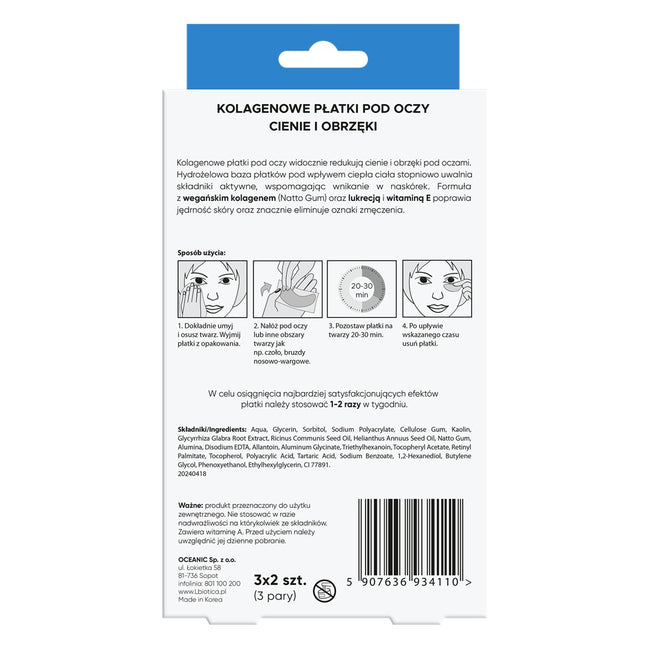 L'biotica Kolagenowe płatki pod oczy redukujące cienie i obrzęki 3 pary