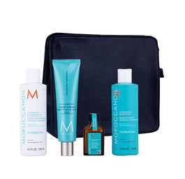 Moroccanoil Luminous Wonders Hydration zestaw szampon do włosów 250ml + odżywka do włosów 250ml + kuracja do włosów 25ml + krem do rąk 100ml + kosmetyczka