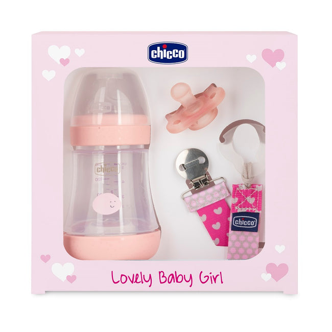 Chicco Lovely Baby Girl zestaw butelka antykolkowa Perfect 5 150ml + smoczek Physioforma Mini Soft + tasiemka do smoczka