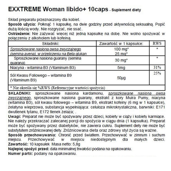 Hot Exxtreme Woman Libido+ Caps suplement diety dla kobiet 10 kapsułek