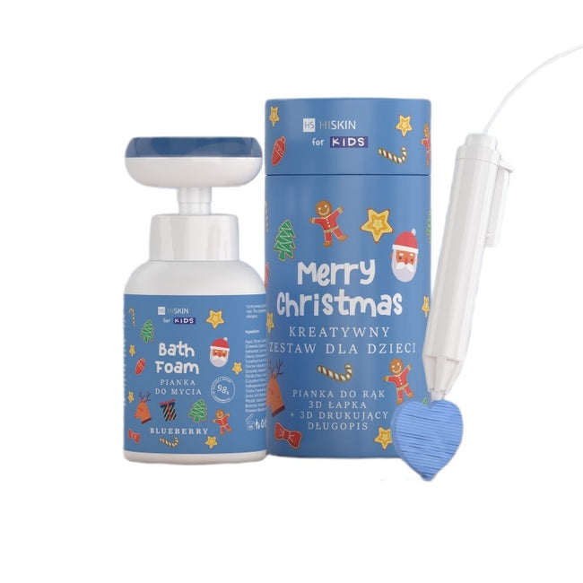 HiSkin Kids Merry Christmas kreatywny zestaw dla dzieci niebieska pianka do mycia Jagodowa 300ml + długopis 3D 1szt