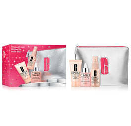 Clinique Glow All Over zestaw aktywne serum zapewniające blask 30ml + maseczka intensywnie nawilżająca 30ml + mgiełka do twarzy 30ml + kosmetyczka