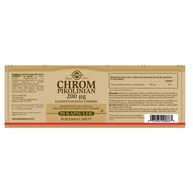 Solgar Chrom pikolinian 200µg suplement diety 90 kapsułek