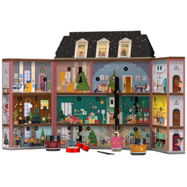 HiSkin Kamienica Kalendarz Adwentowy świeczki tealight 11x15ml + świeczki sojowe w słoiczkach 11x30ml + dyfuzor zapachowy 80ml + zapałki do świec