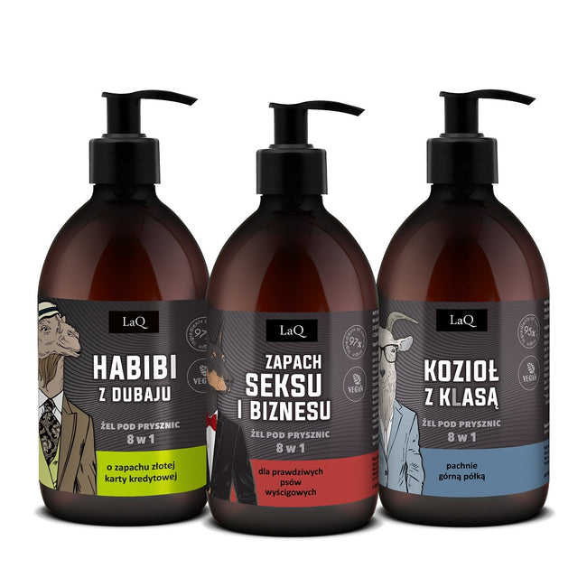 LaQ Czyściopak Męski zestaw żel pod prysznic Habibi z Dubaju 500ml + żel pod prysznic Doberman 500ml + żel pod prysznic Kozioł z Klasą 500ml