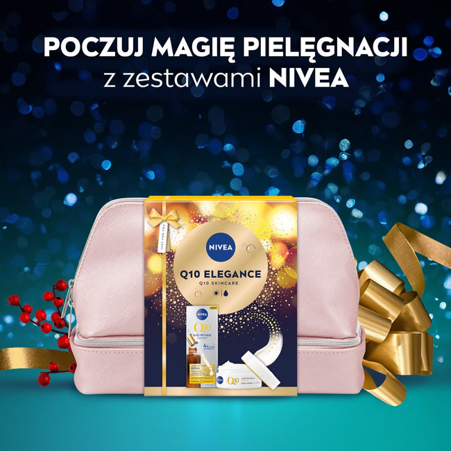 Nivea Q10 Elegance zestaw podwójnie aktywne serum do twarzy 30ml + ujędrniający krem na dzień SPF15 50ml + kosmetyczka