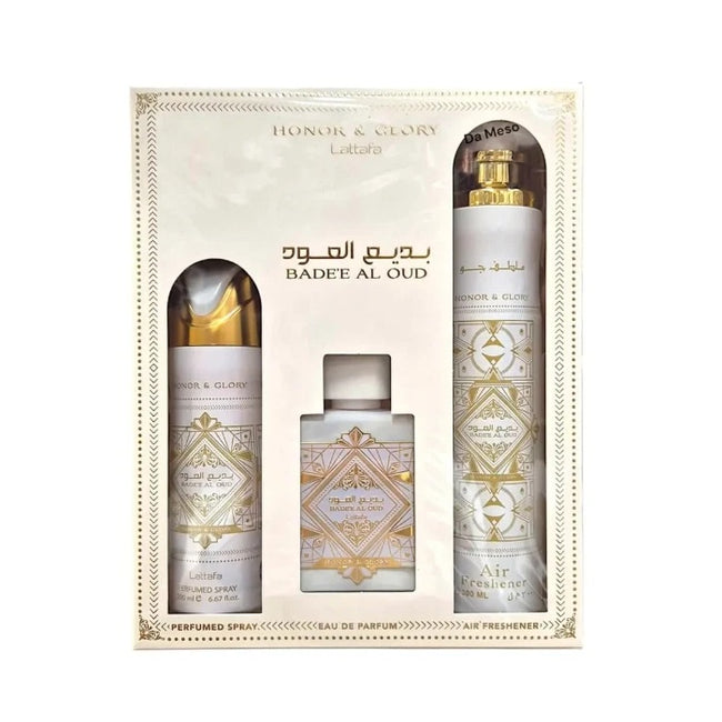 Lattafa Bade'e Al Oud Honor & Glory zestaw woda perfumowana spray 100ml + dezodorant spray 200ml + odświeżacz powietrza 300ml