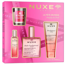 Nuxe Happy In Pink zestaw suchy olejek regenerujący 100ml + żel pod prysznic 100ml + perfumy 15ml + świeca zapachowa 60g