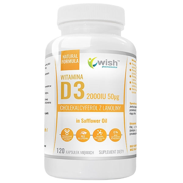 WISH Pharmaceutical Witamina D3 2000IU 50µg w oleju z krokosza barwierskiego suplement diety 120 kapsułek miękkich