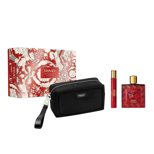 Versace Eros Flame zestaw woda perfumowana spray 100ml + miniatura wody perfumowanej spray 10ml + kosmetyczka