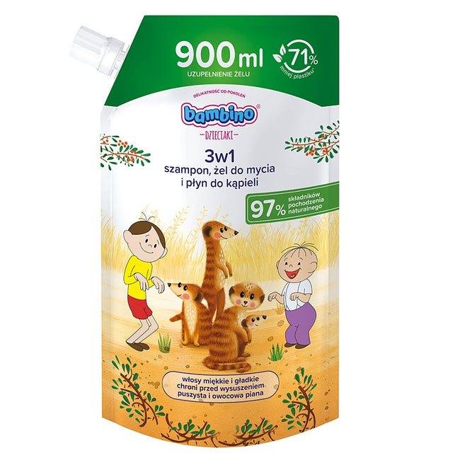 Bambino Dzieciaki 3w1 szampon żel pod prysznic i płyn do kąpieli Surykatki zapas 900ml