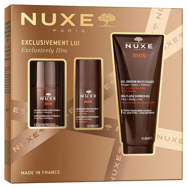 Nuxe Exclusively Him zestaw wielofunkcyjny żel nawilżający do twarzy 50ml + dezodorant roll-on 24-godzinna ochrona 50ml + wielofunkcyjny żel pod prysznic 200ml