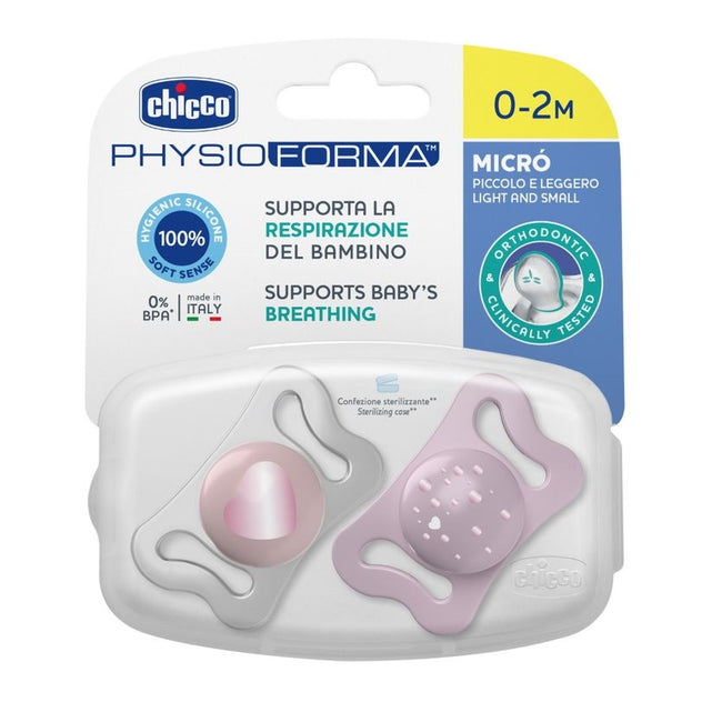 Chicco PhysioForma silikonowy smoczek do uspokajania Micro 0-2m+ Różowy 2szt.