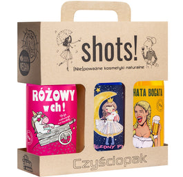LaQ Shots! Czyściopak zestaw Gwiezdny Pył żel pod prysznic 500ml + Czym Chata Bogata żel pod prysznic 500ml + Różowy w Ch! żel pod prysznic 500ml