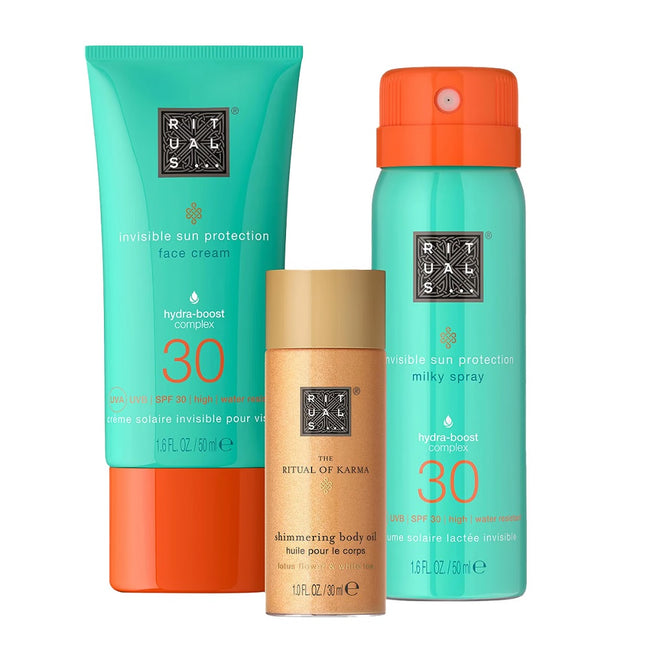 Rituals The Ritual of Karma zestaw błyszczący olejek do ciała 30ml + krem do twarzy SPF30 50ml + mleczko do opalania w sprayu SPF30 50ml