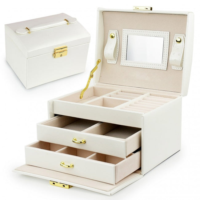 Ecarla Szkatułka kuferek na biżuterię z lusterkiem i szufladkami Kremowa