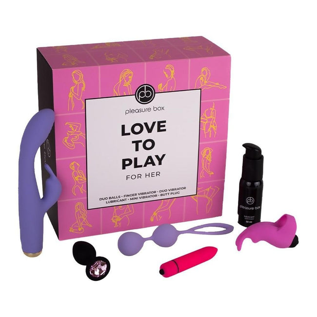 Dream Toys Pleasure Box Love to Play zestaw Duo Love Balls kulki gejszy + Finger Vibrator wibrator na palec + Anal Plug korek analny + Rabbit Vibrator wibraor + lubrykant + Mini Vibrator wibrator + Velvet Pouch worek