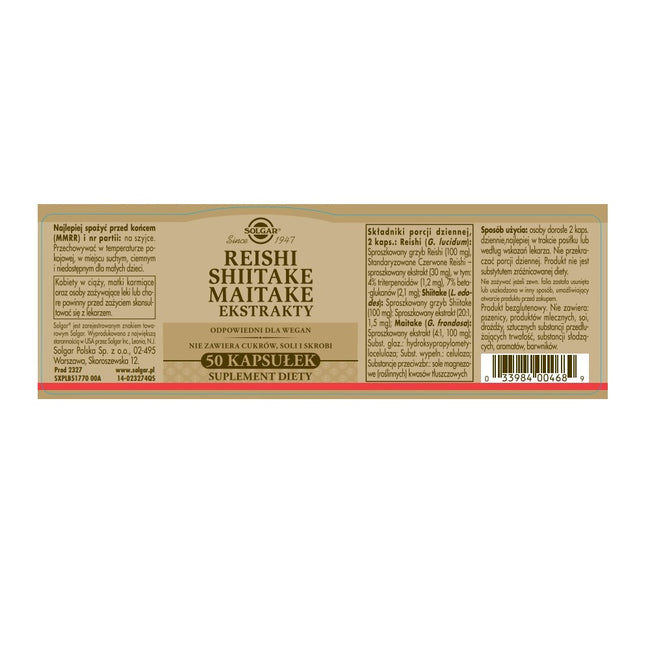 Solgar Reishi Shitake Maitake suplement diety 50 kapsułek