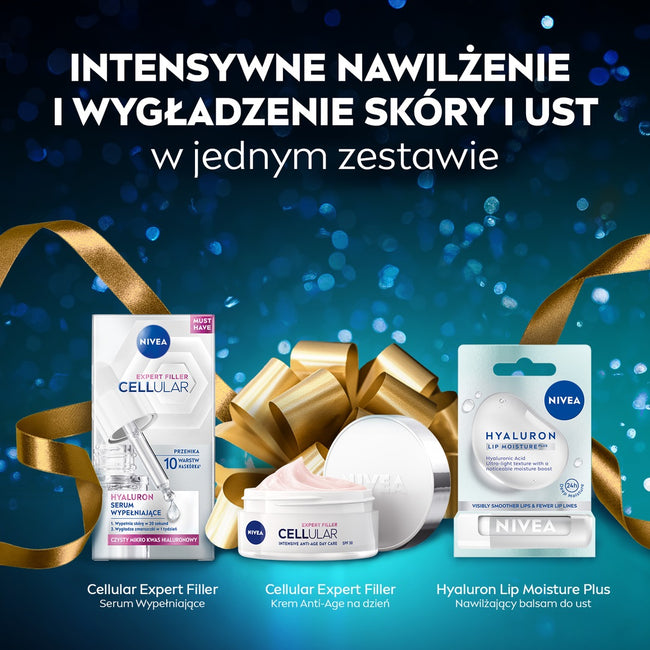 Nivea Hyaluron Heroes zestaw serum wypełniające 15ml + krem anti-age na dzień SPF30 50ml + nawilżający balsam do ust 4.8g