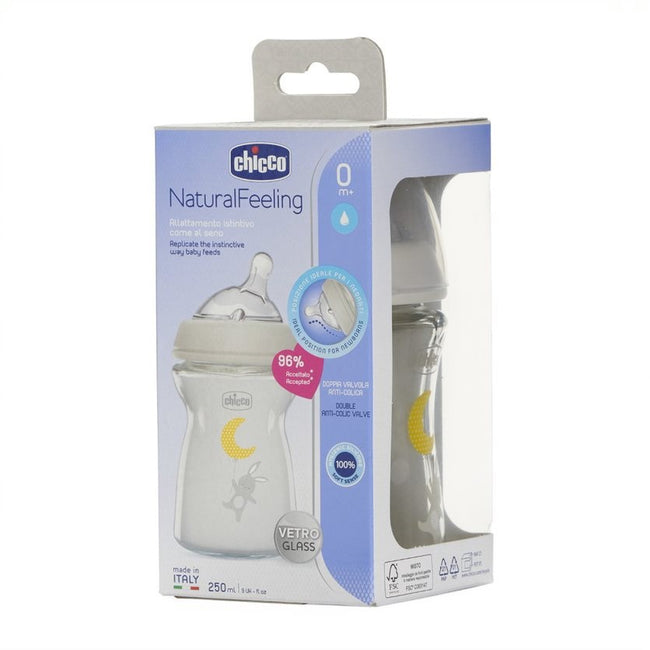Chicco NaturalFeeling butelka szklana ze smoczkiem silikonowym przepływ wolny 0m+ 250ml