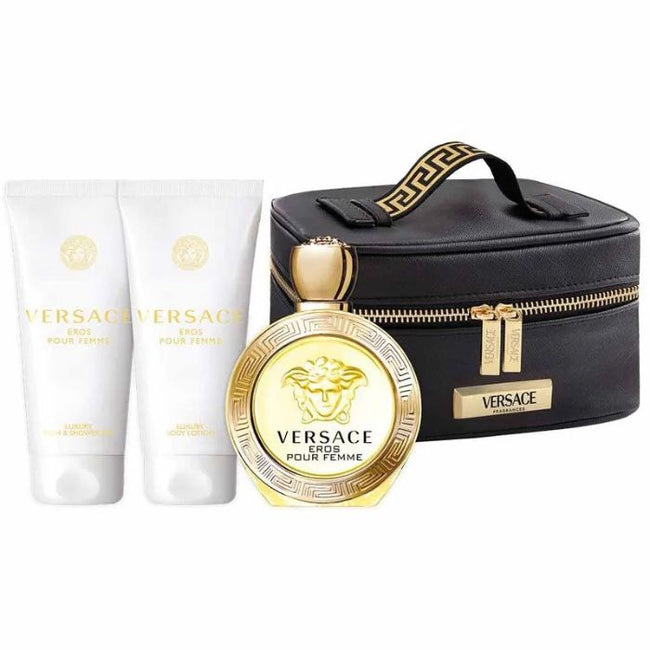 Versace Eros Pour Femme zestaw woda toaletowa spray 100ml + balsam do ciała 100ml + żel pod prysznic 100ml + kosmetyczka